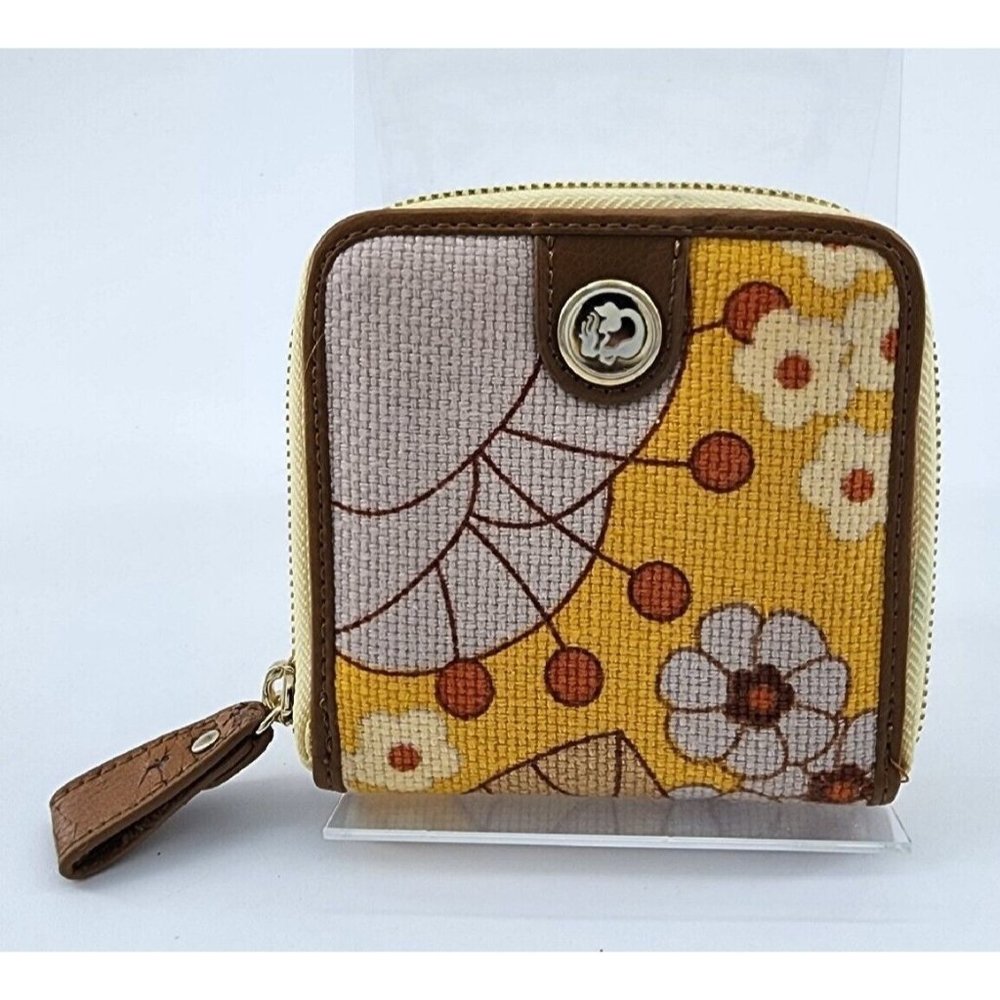 Spartina 449 Linen Small Zip-Around Organizer Wallet Multi Yellow Floral 4"x4"